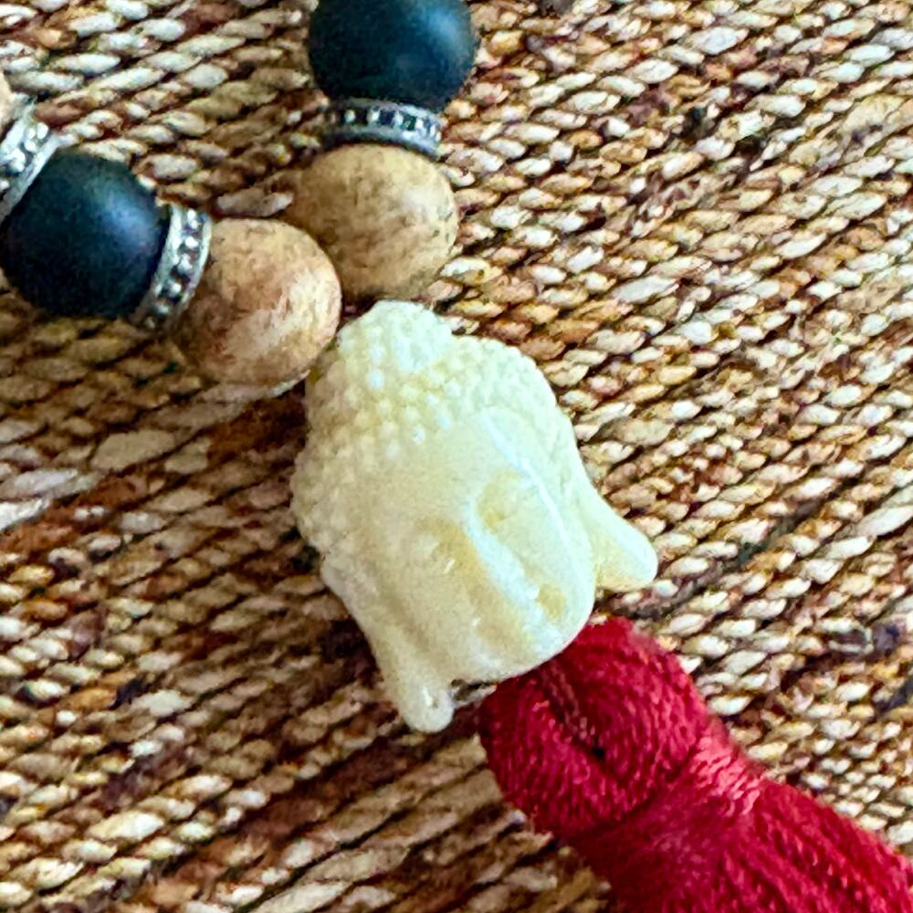 Buddha Mala Necklace Lava Stone Red Tassel with Separate Wooden Bead Necklace - Picture 4 of 15